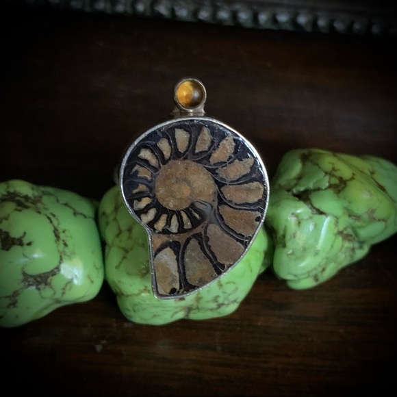 Vintage Ammonite Amber Echo of the Dreamer Sterling Silver Ring - Picture 3 of 13
